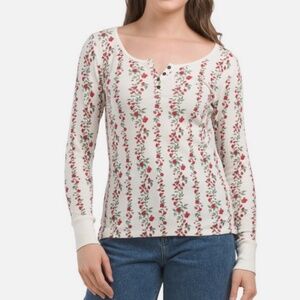 Lucky Brand Ivory Red Floral Print Henley Waffle Knit Top Shirt Large